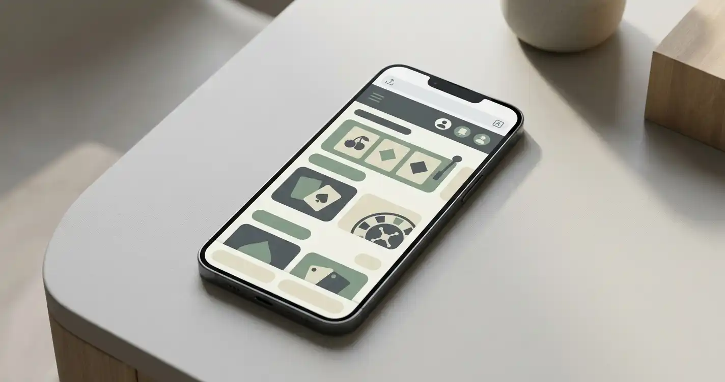 Illustration af en smartphone med generisk browserbaseret casino-navigation uden brandinterface
