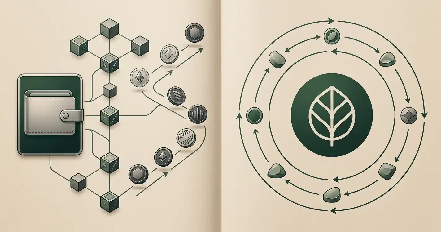 Illustration af en kryptowallet med separat betalingsspor og token-belønningsspor