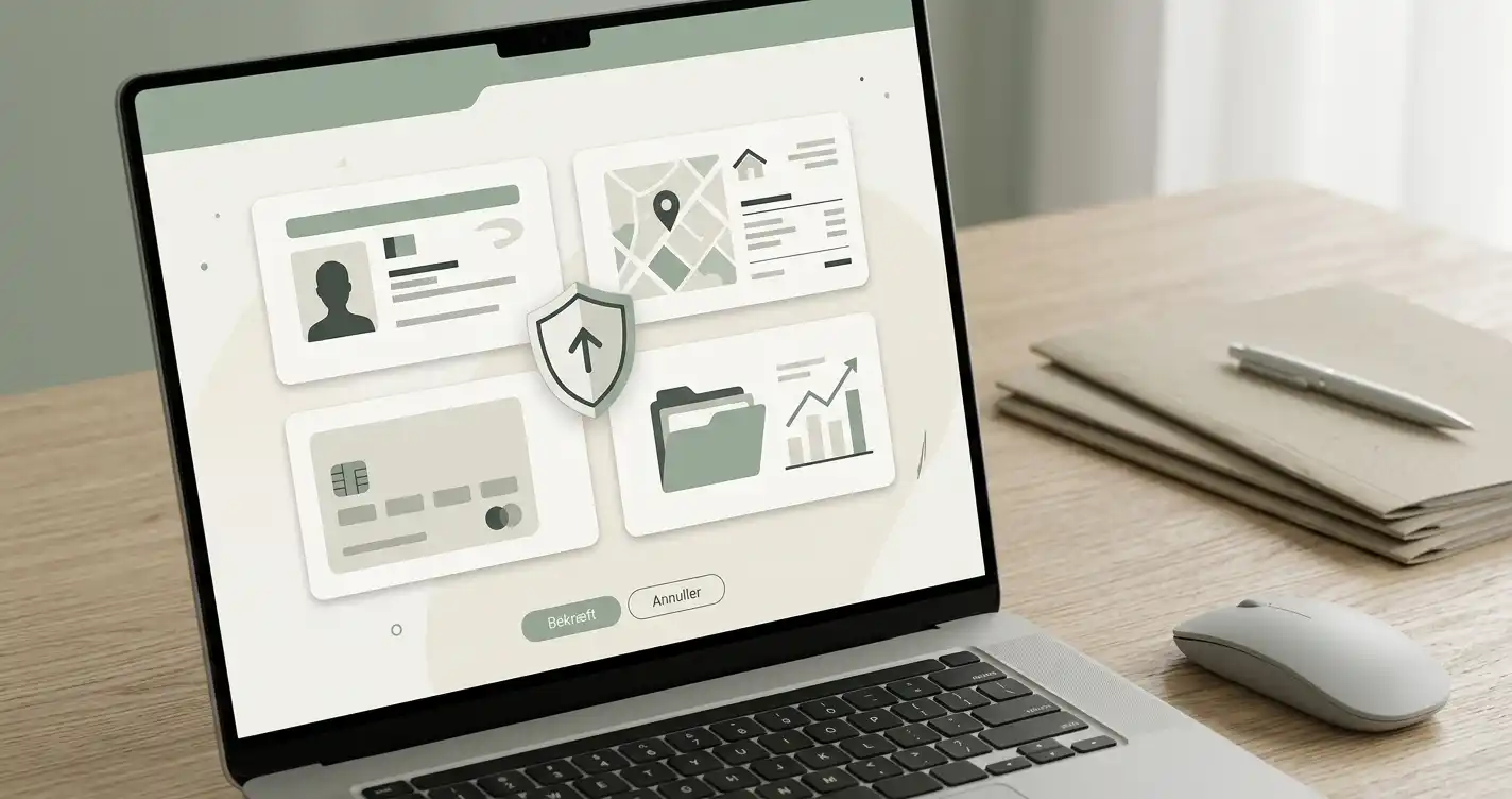Illustration af identitets-, adresse- og betalingskontrol uden persondata eller rigtig casino-interface