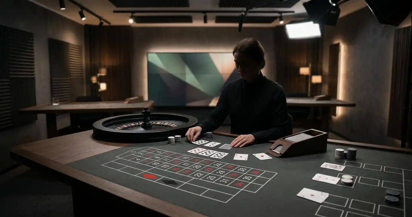 Illustration af live casino med roulettebord, kort og en anonym dealerfigur