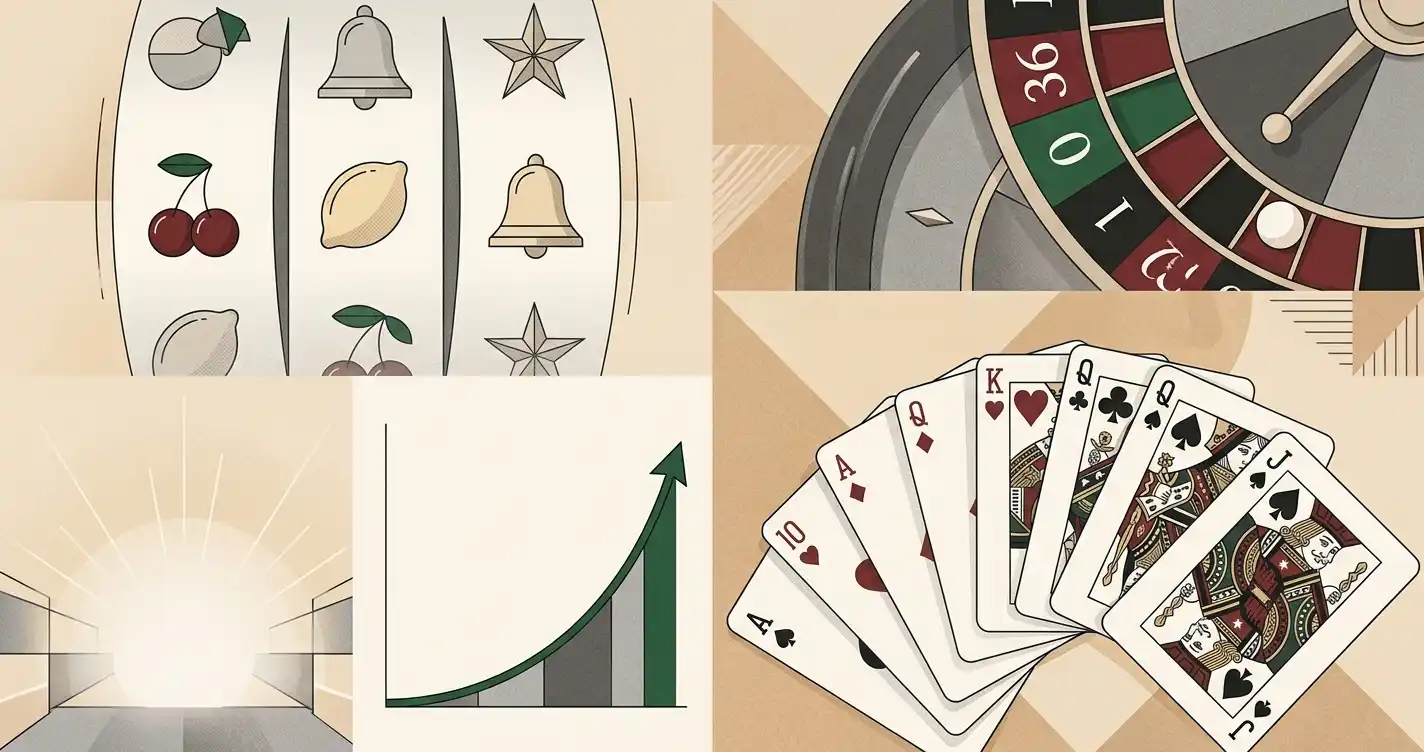 Illustration af flere casino-spilkategorier med slotreels, roulettehjul, kort og crash-grafik
