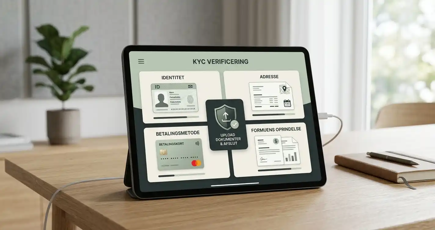 Neutral illustration af en registreringscheckliste med alder, identitet, kontaktdata og betalingsoplysninger