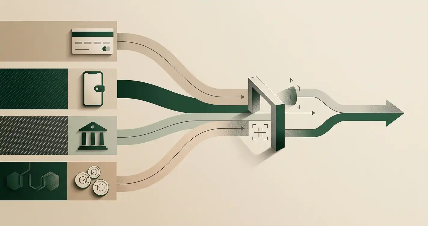 Illustration af valg mellem kort, e-wallet, bankoverførsel og kryptobetaling