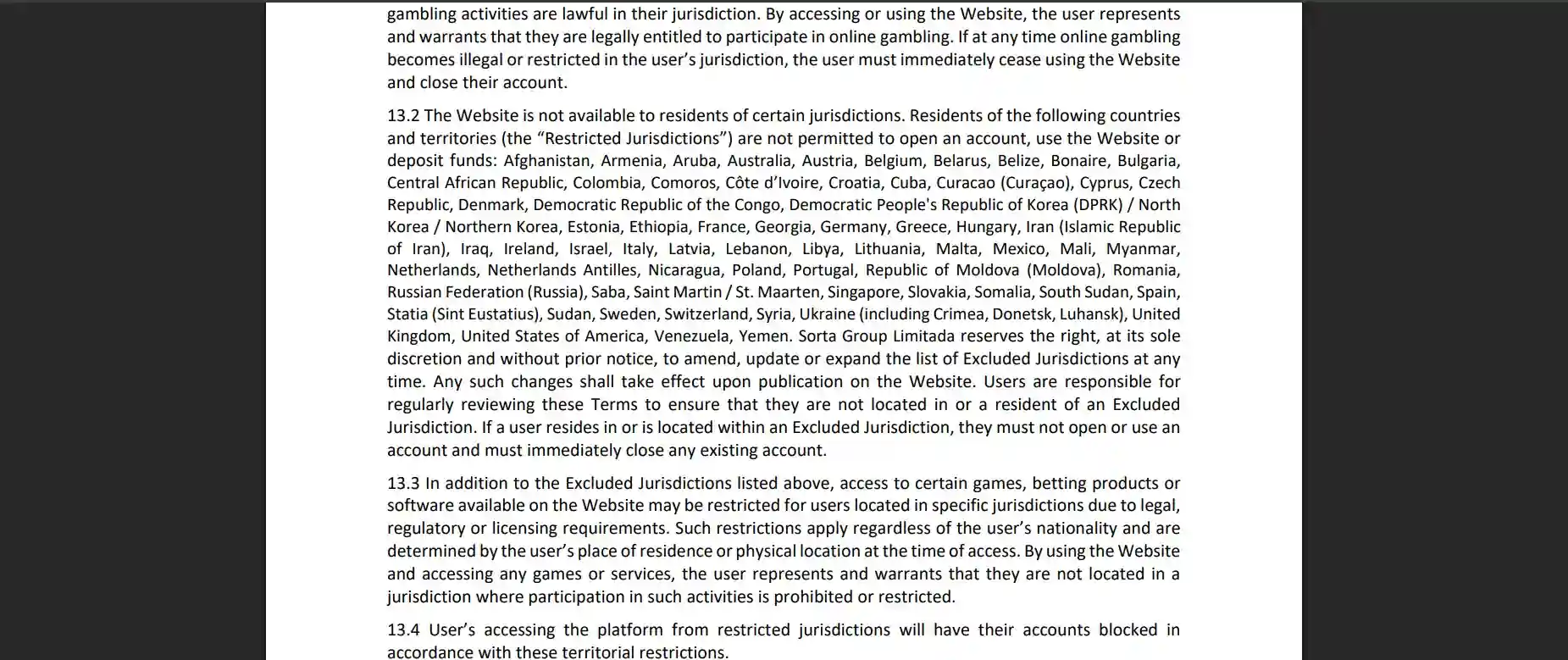 Skærmbillede af officiel Fairspin-licensinformation og territoriale begrænsninger i de aktuelle vilkår