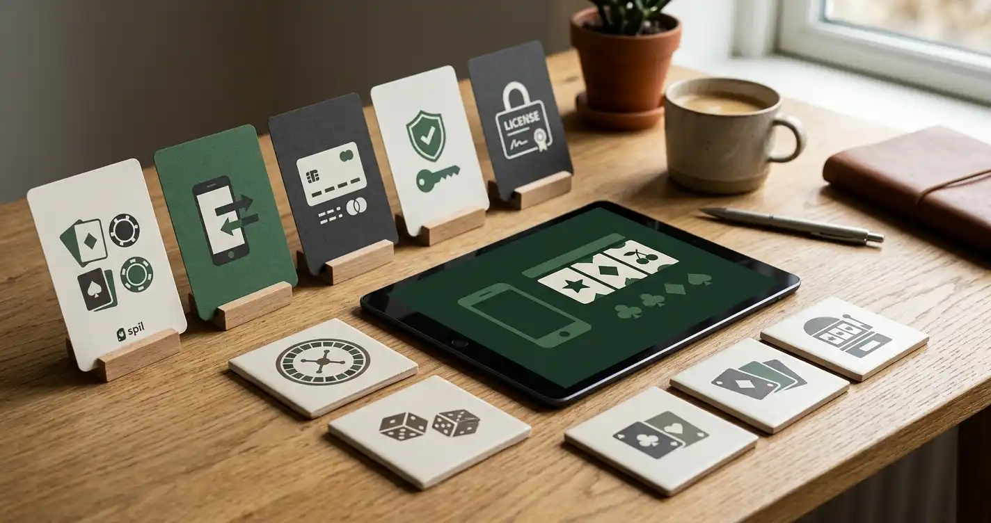 Editorial illustration af casinoanalyse med spil, betaling, mobil og kontrolpunkter