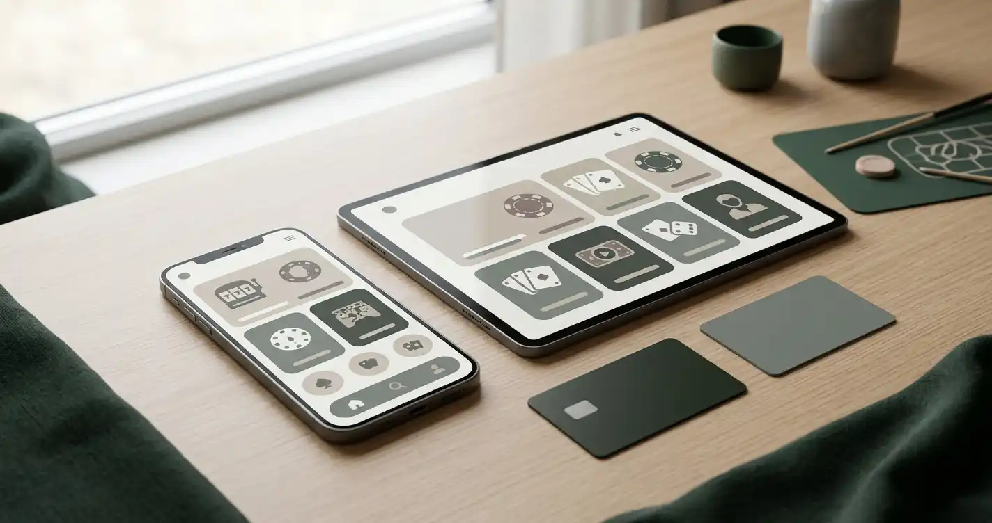 Mobil casinoillustration med betalingskort, e-wallet og live-spil som generiske symboler
